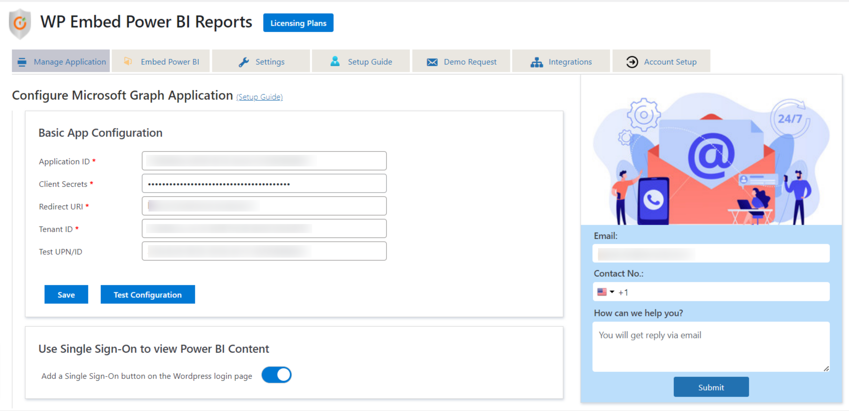 Configure application for WP Embed Power BI plugin.