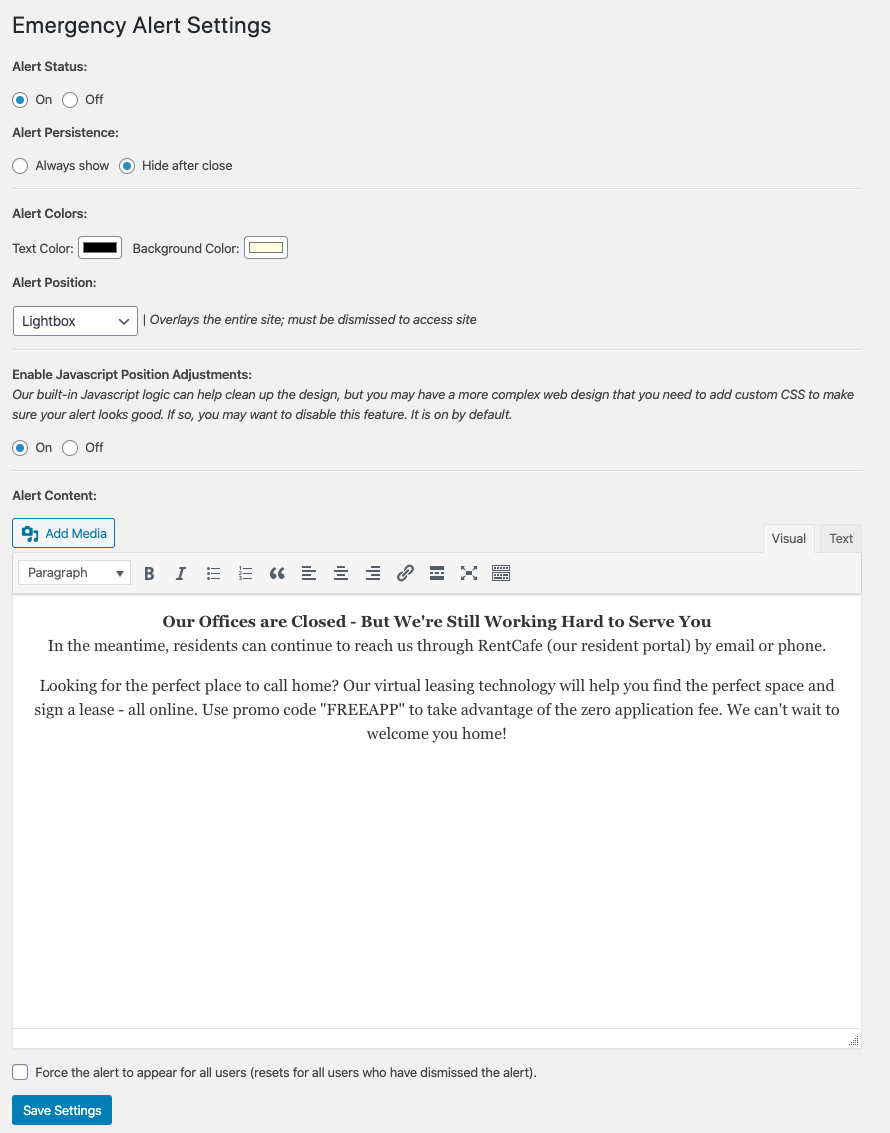 Sample settings screen with messaging. Toggle all plugin settings.