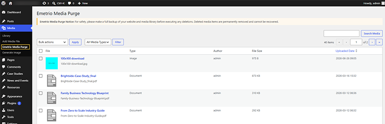 The Emetrio Media Purge list view displaying all detected unused attachments with search, filters, size, and individual or bulk delete options.