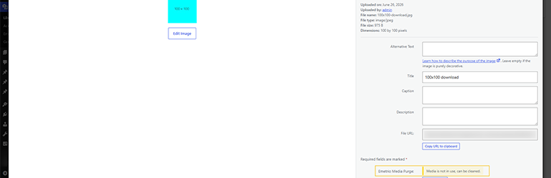 Detailed view of the attachment sidebar notice, showing a warnings banner when the selected media file is not in use.
