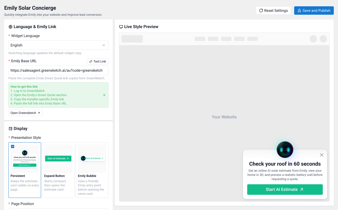 Plugin settings page with live style preview