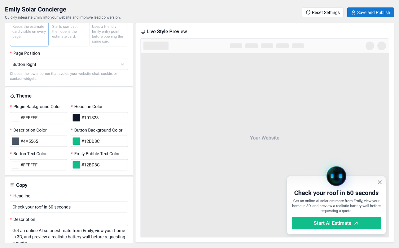 Three presentation styles: Persistent card, Expand Button, and Emily Bubble
