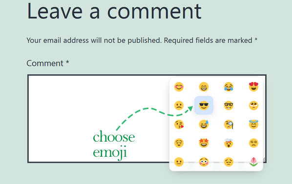 Here the <strong>Emoji list</strong> is opened and you can choose an emoji. You can click anywhere to close this box or it will be closed on choosing an emoji.