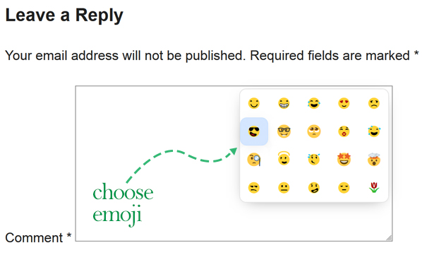 Here the <strong>Emoji list</strong> is opened and you can choose an emoji. You can click anywhere to close this box or it will be closed on choosing an emoji.