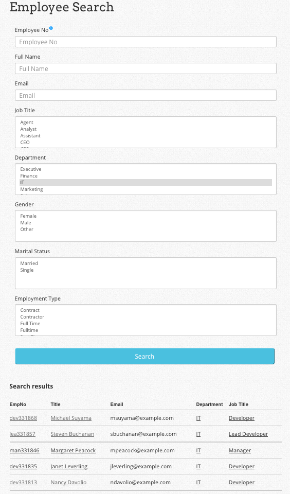 Employee search form provides directory search function with page navigation for long results