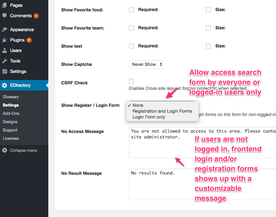 Search form can be customized from the plugin settings. Optionally, limit access to employee search form from logged in users only. When users are not logged in and access to the form page, login/registration forms are displayed.