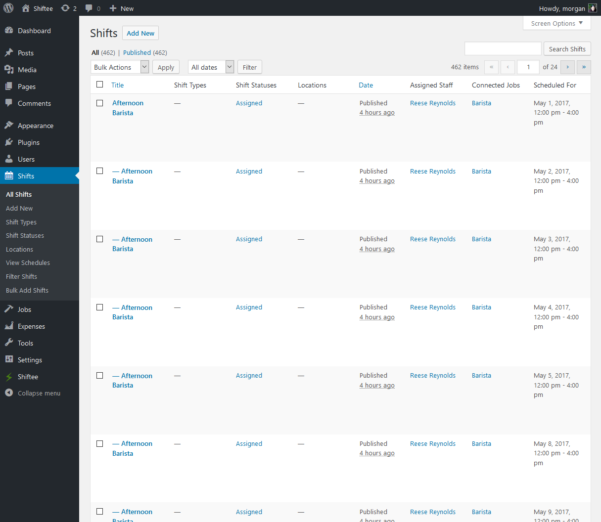 Shift overview in dashboard