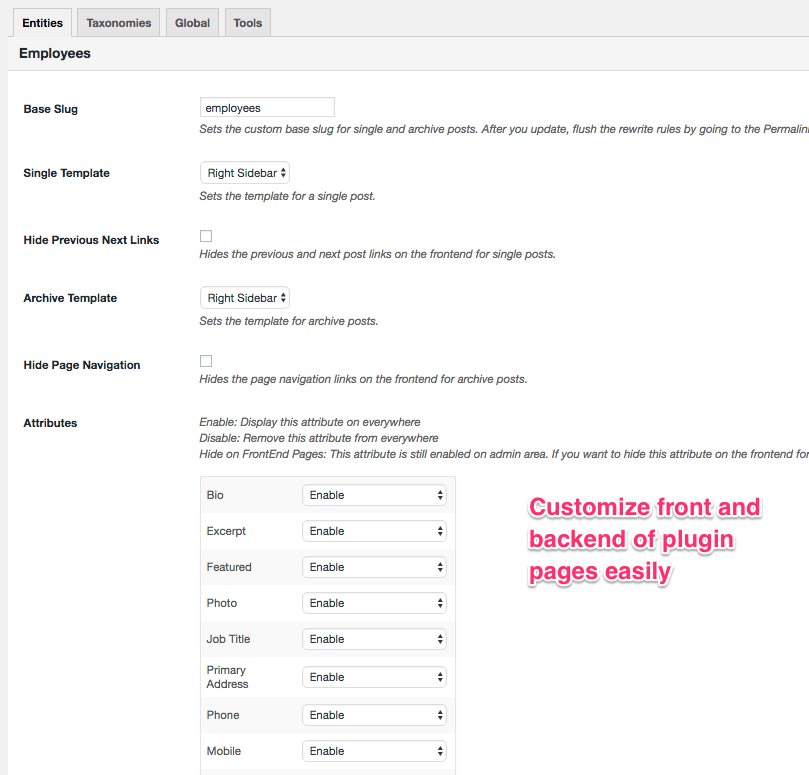 Customize front and backend plugin pages easily