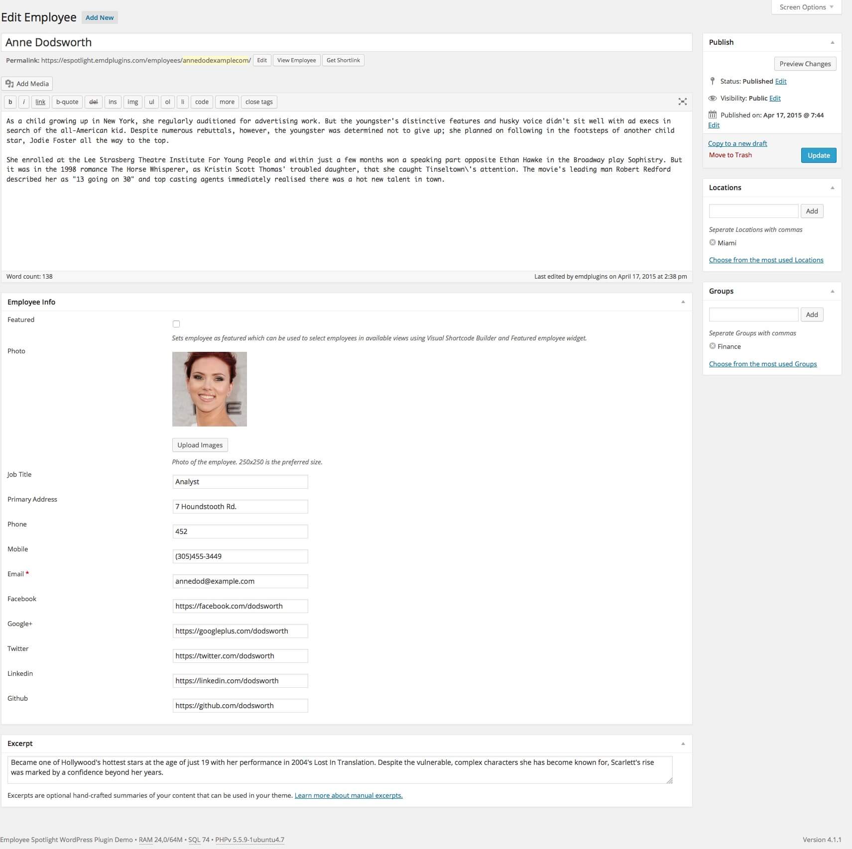 Edit each employee profile with a simple interface. PRO version allows to set order of the profile displayed and shows the order in all view layouts