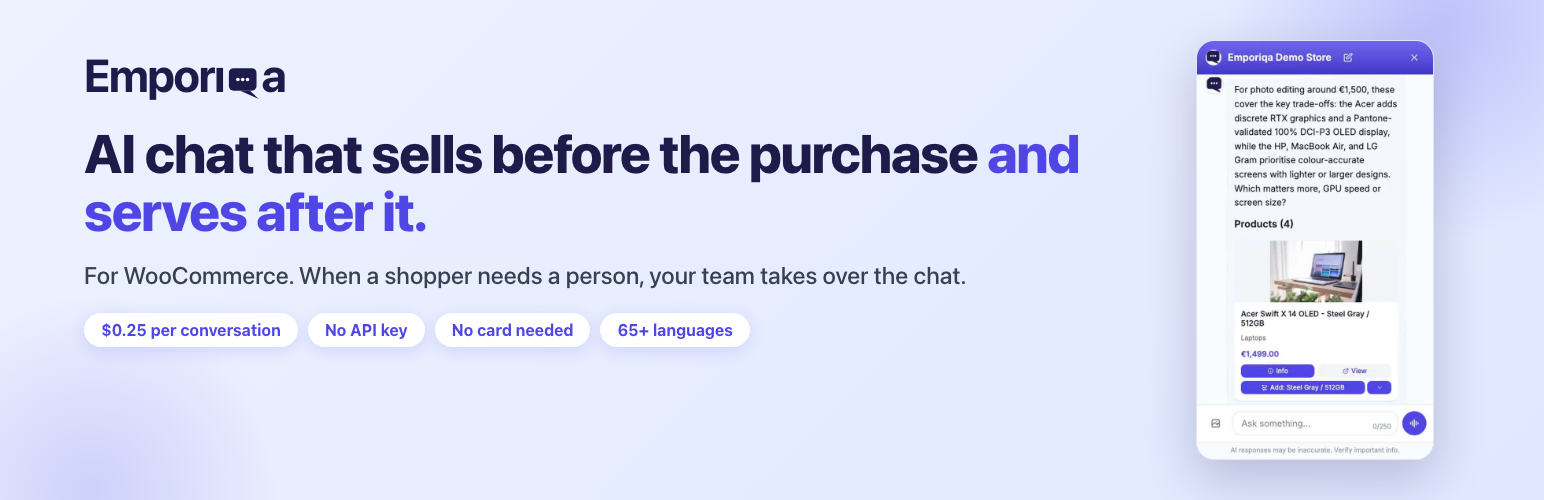 WordPress 外掛 AI Chatbot & Live Chat for WooCommerce: Emporiqa 的封面圖片
