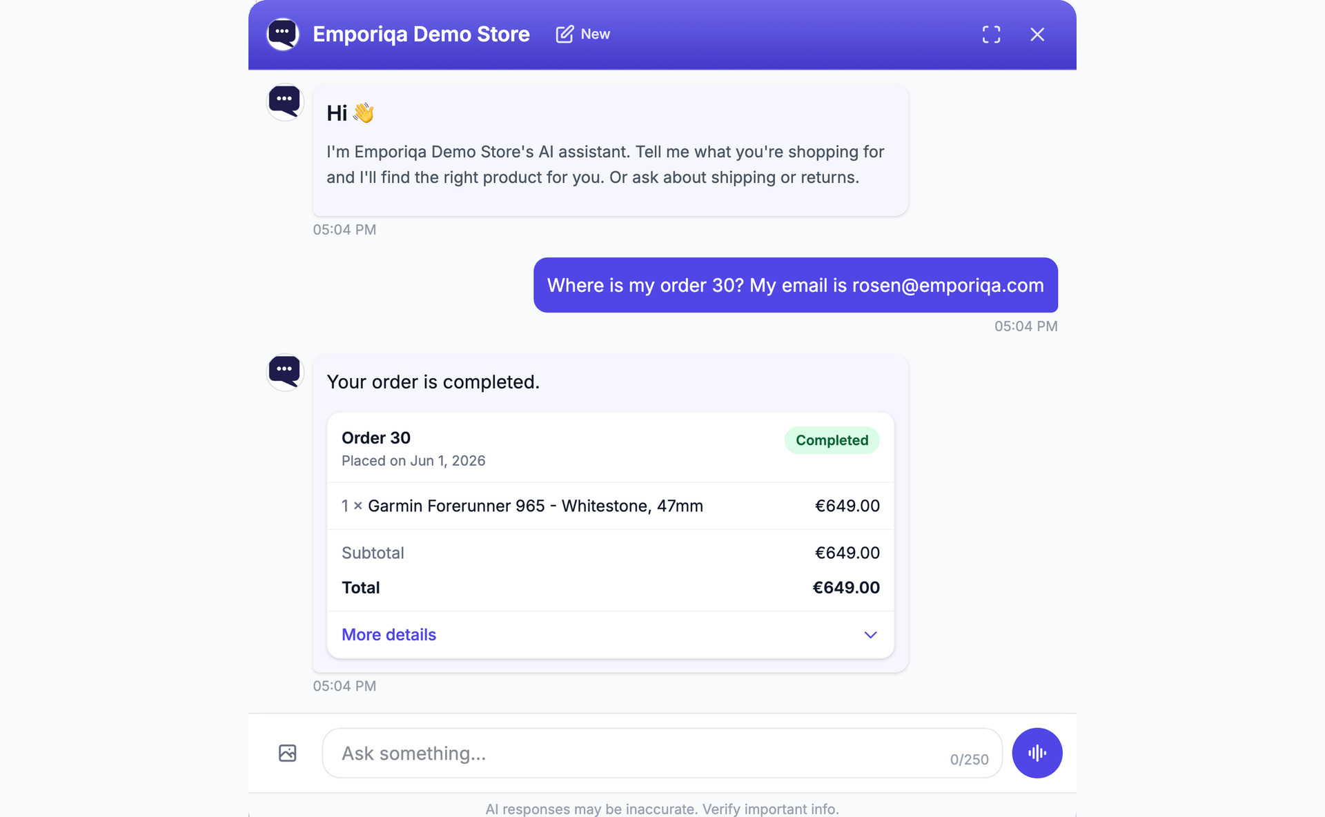 Order status: given an order number and the matching email, the chat answers with the order card: status, date, items and total