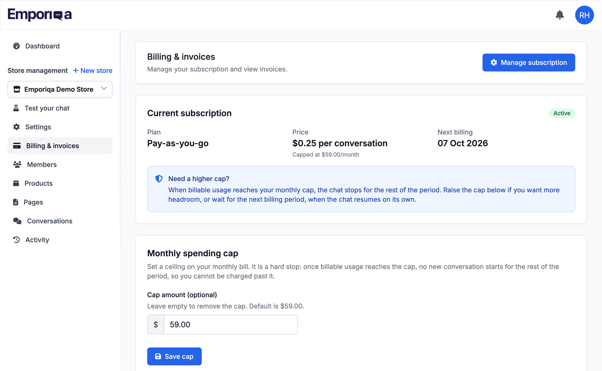 Billing: pay-as-you-go at $0.25 a conversation, with your monthly limit and the next billing date