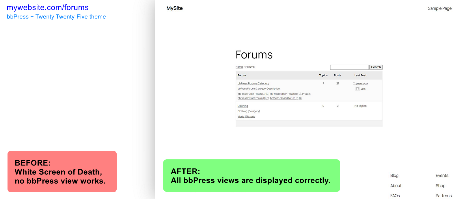 bbPress forums archive: before and after. Using Twenty Twenty-Five theme.