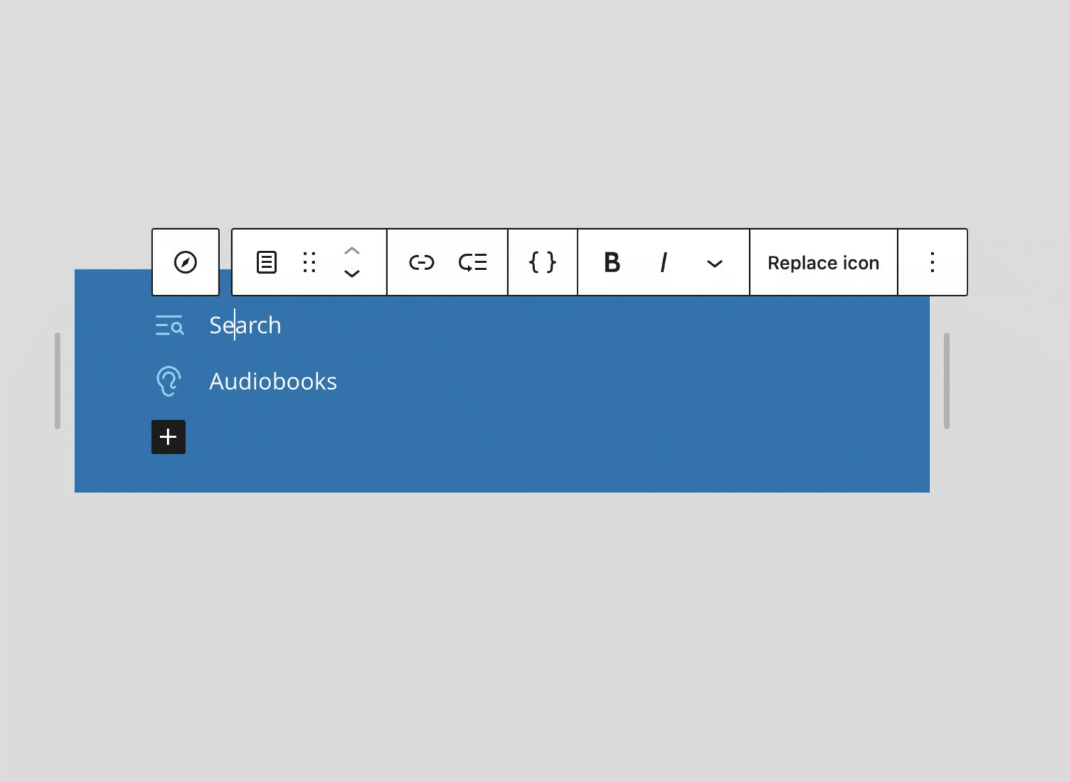 Navigation items with icons in the editor. The block toolbar shows Replace icon once an item has one.