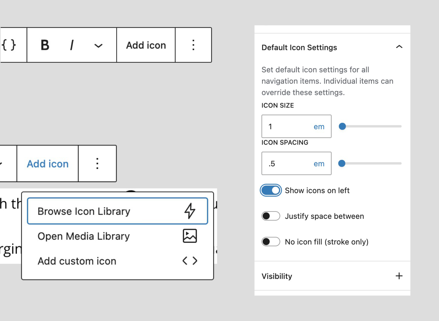 The Add icon menu offers the icon library, the Media Library or custom SVG code. Select the Navigation block to set Default Icon Settings for every item.