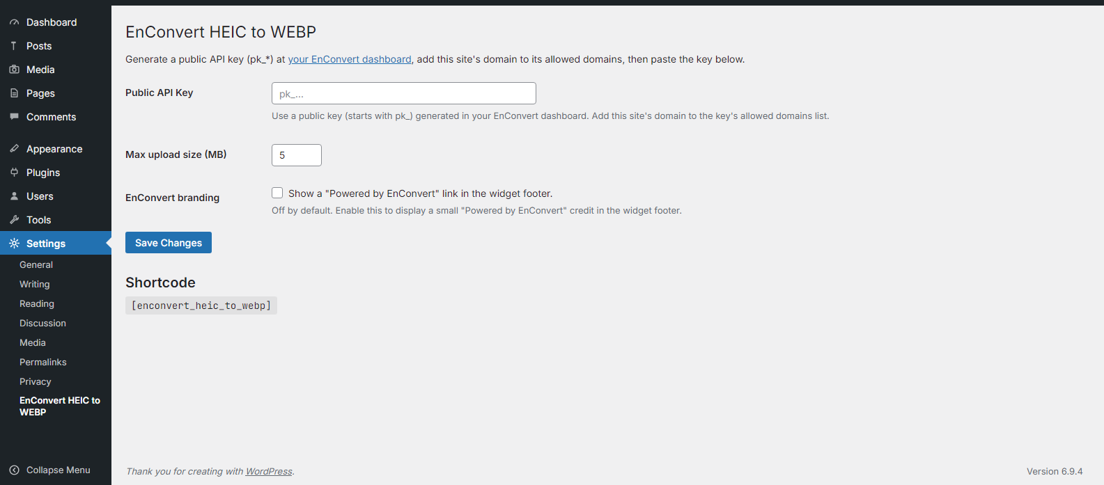 Settings page where you paste your public API key.