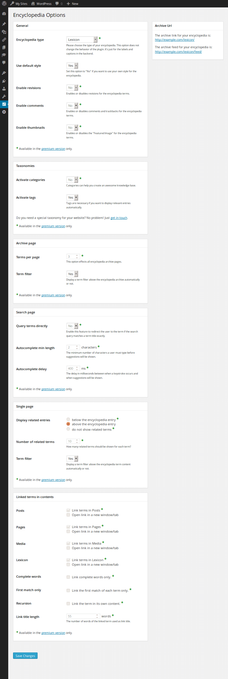 Encyclopedia options page