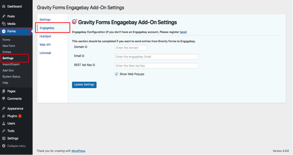 EngageBay Gravity forms plugin