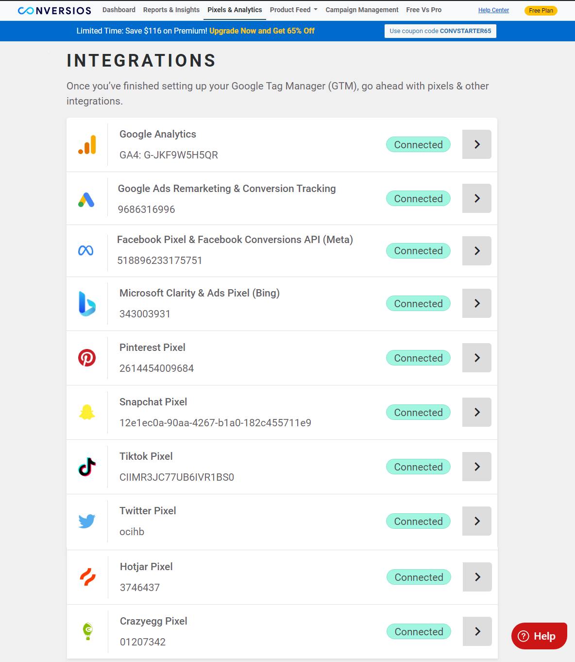 This is the Integration Screen, which displays all the Pixel and Analytics configurations we provide and that you have connected.