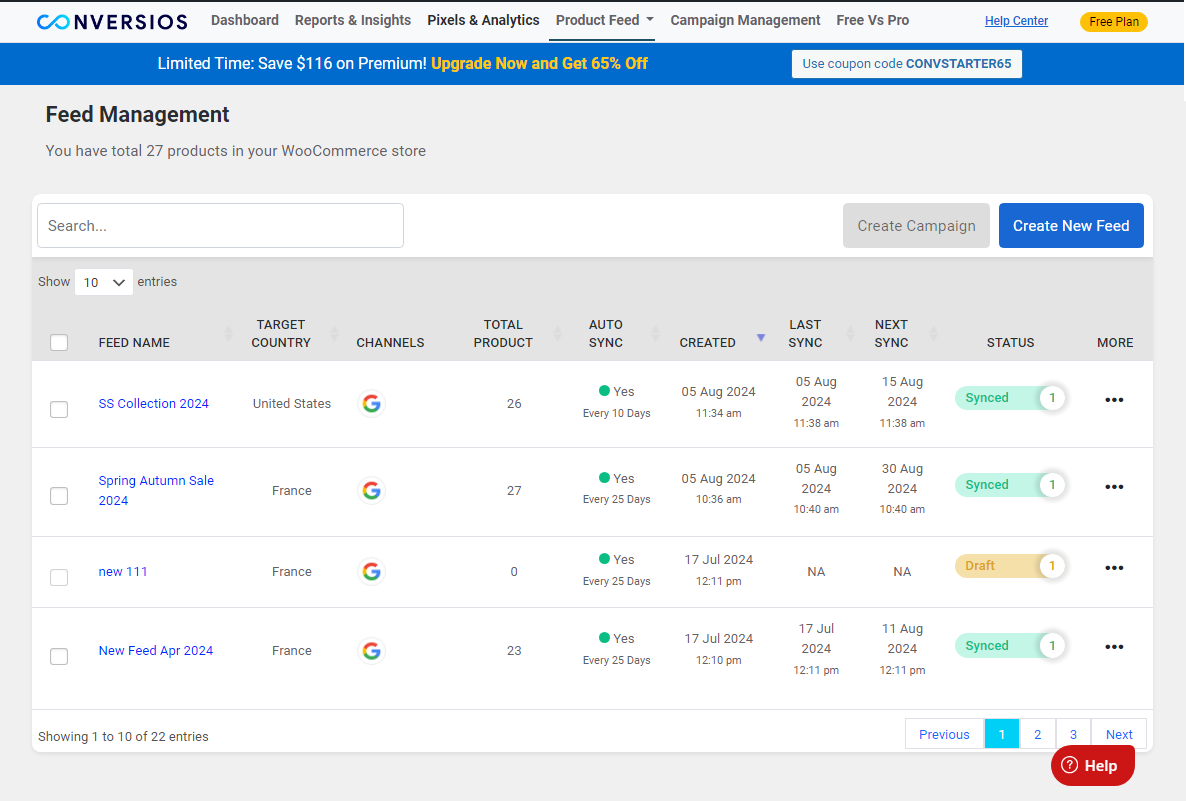 This is the Product Feed Management Screen where you can manage and create your feeds.