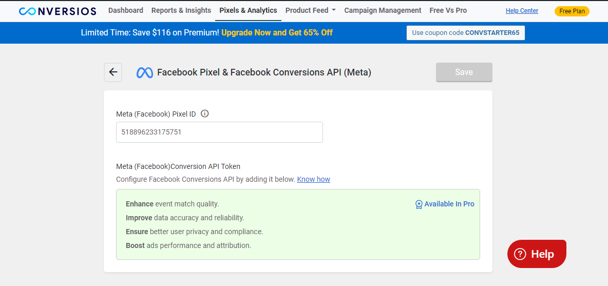 This is the Facebook Pixel & Facebook Conversions API (Meta) screen.