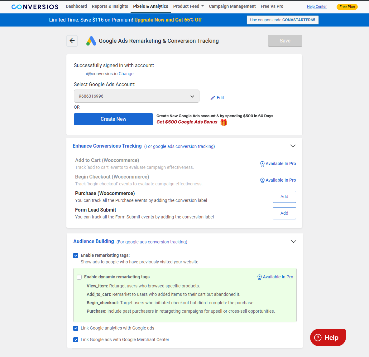 This is the Google Ads Remarketing and Dynamic Remarketing Conversion Tracking Screen, which helps you track everything from Conversions to Enhanced Conversion tracking & Audience Building.