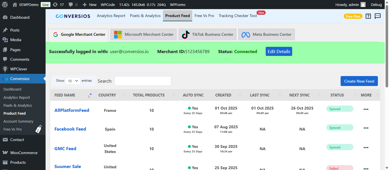 This is the Channel Configuration Screen for product feed manager, we have Google Merchant Center, TikTok, and Facebook feed creation available.
