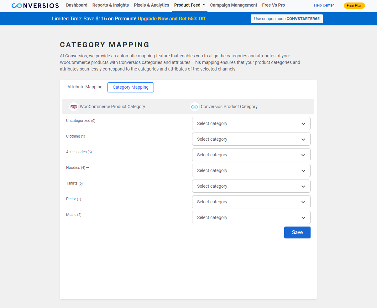 This is the Category Mapping screen in Product Feed Manager.