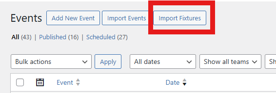 You can use the native Import button at SportsPress->Events area