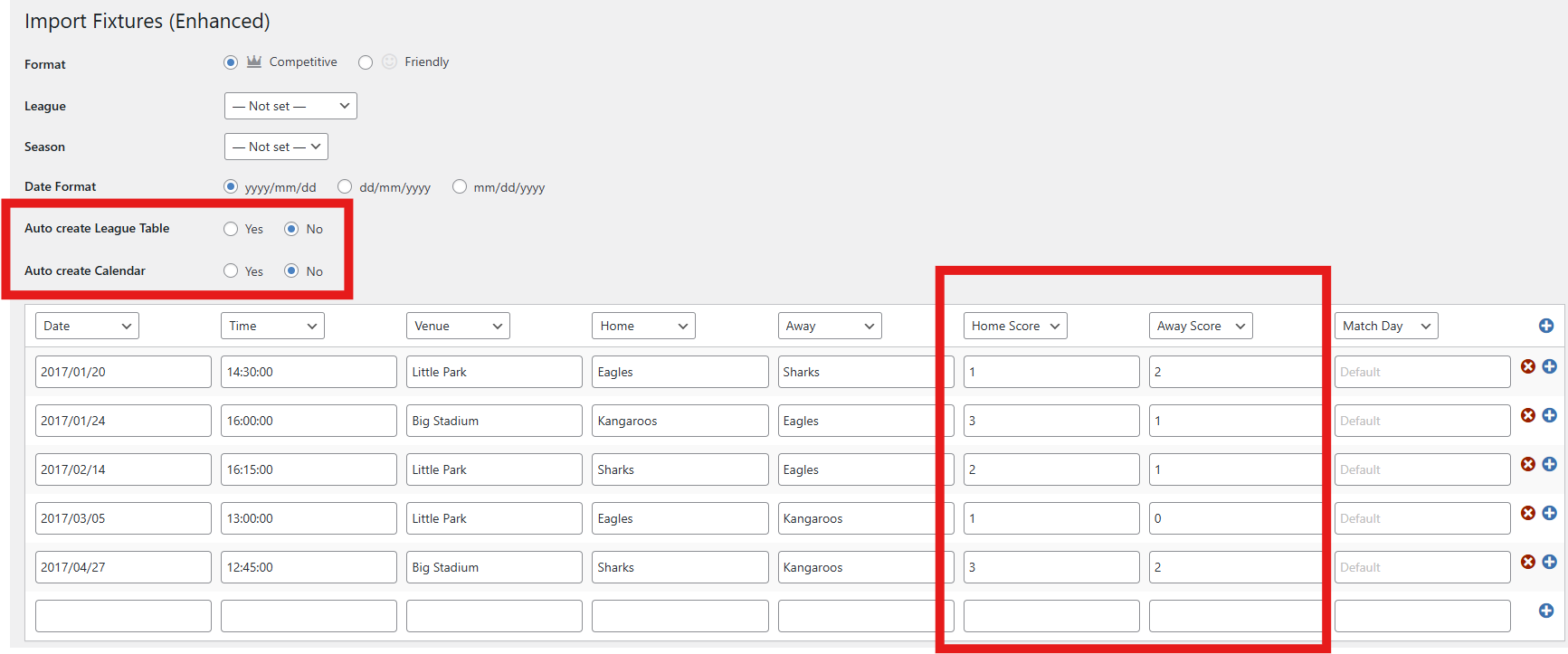 Enhanced import interface with score columns and option for auto creation of league table and calendar.