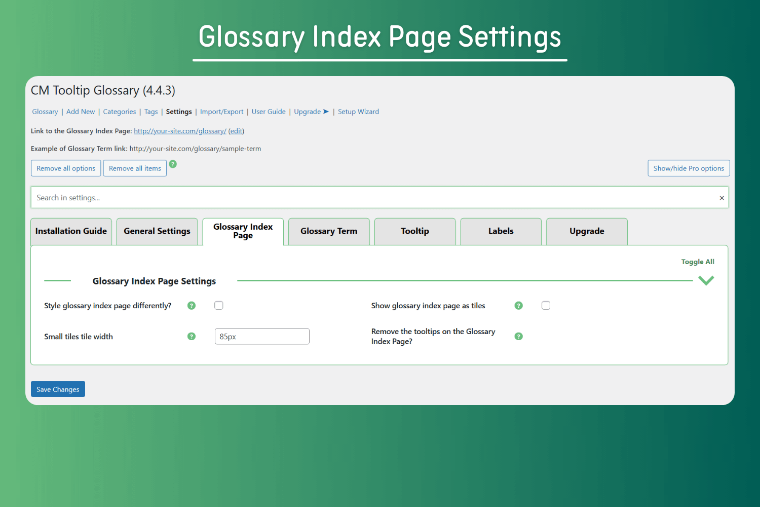 Glossary Index Page Settings