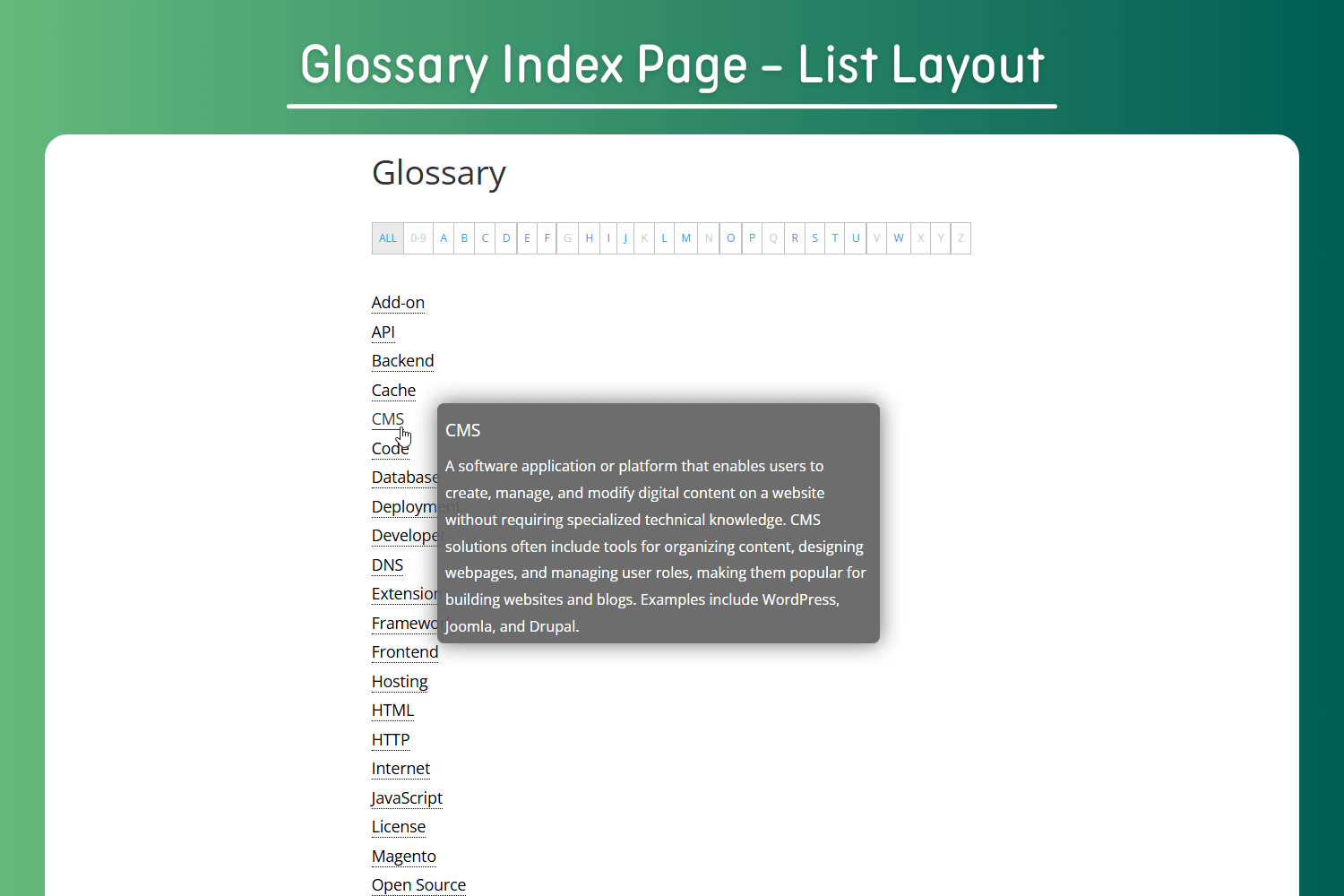 Glossary Index Page - List Layout