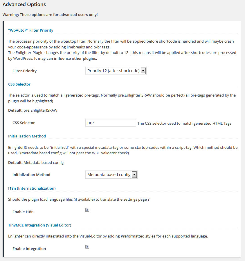 Options Page - Advanced Settings