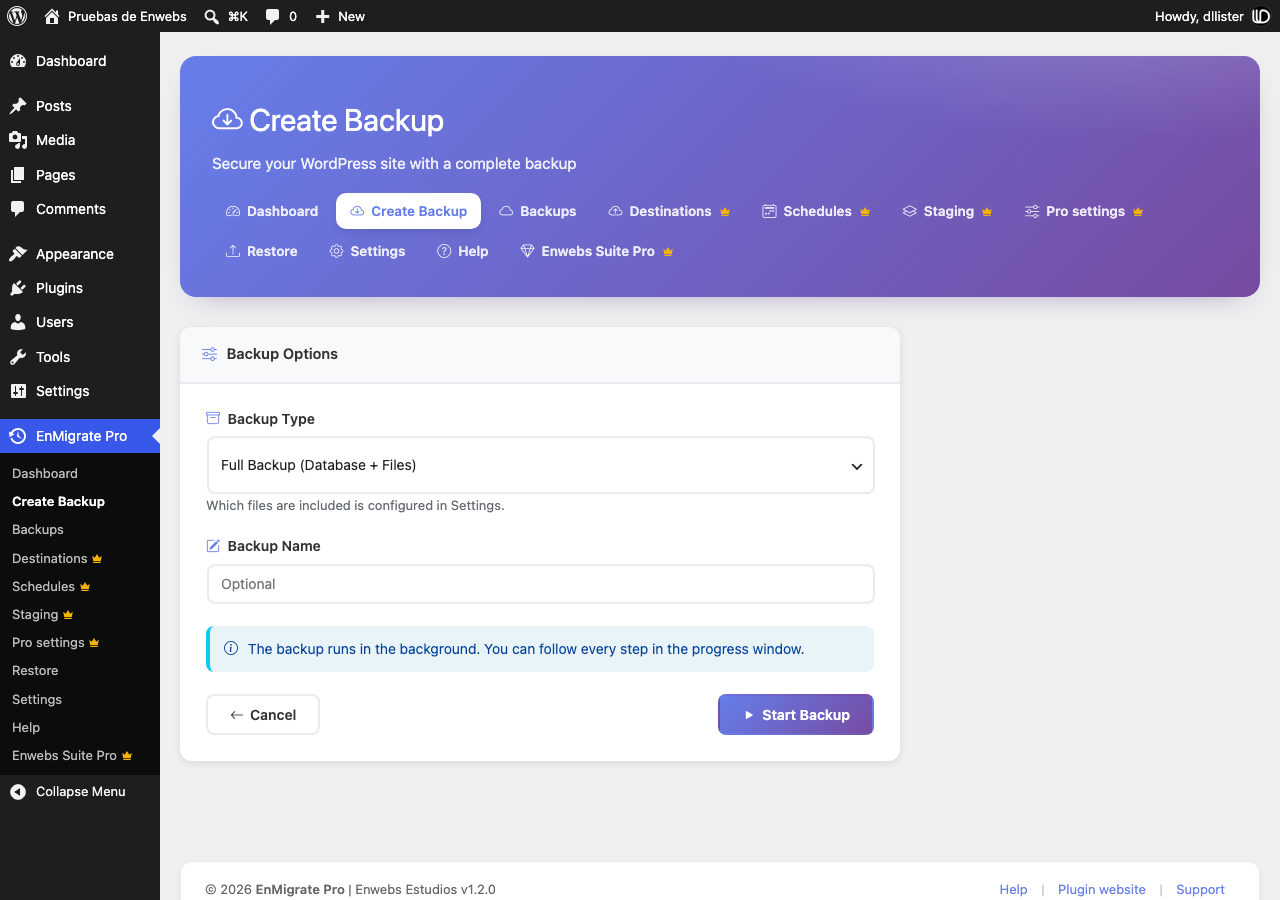 Create a full, database-only or files-only backup.