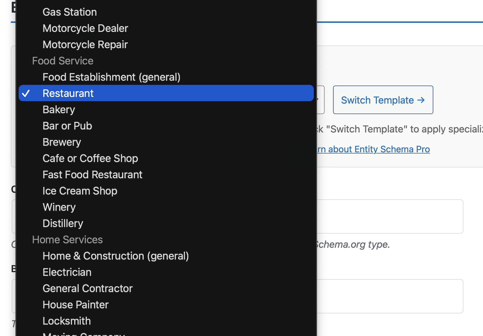 Business type selector - 150+ categorized business types with proper schema.org mapping