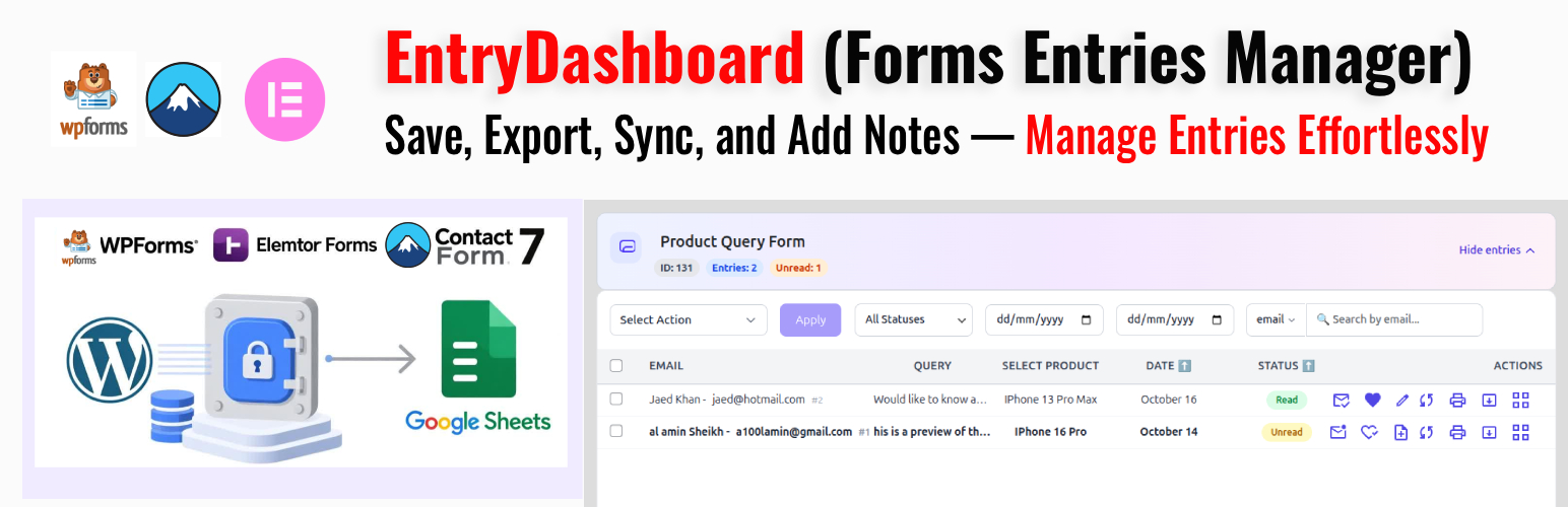 EntryDashboard – Database Addon & Sync for WPForms, CF7, Elementor & More