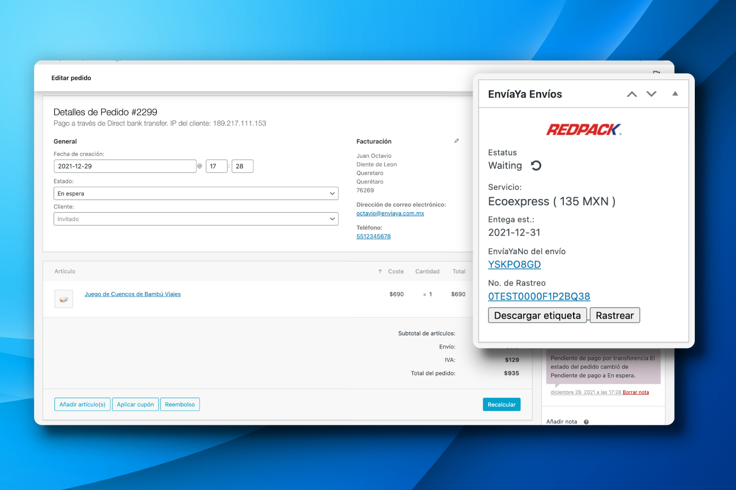 Create shipment labels with one click from WooCommerce order page.