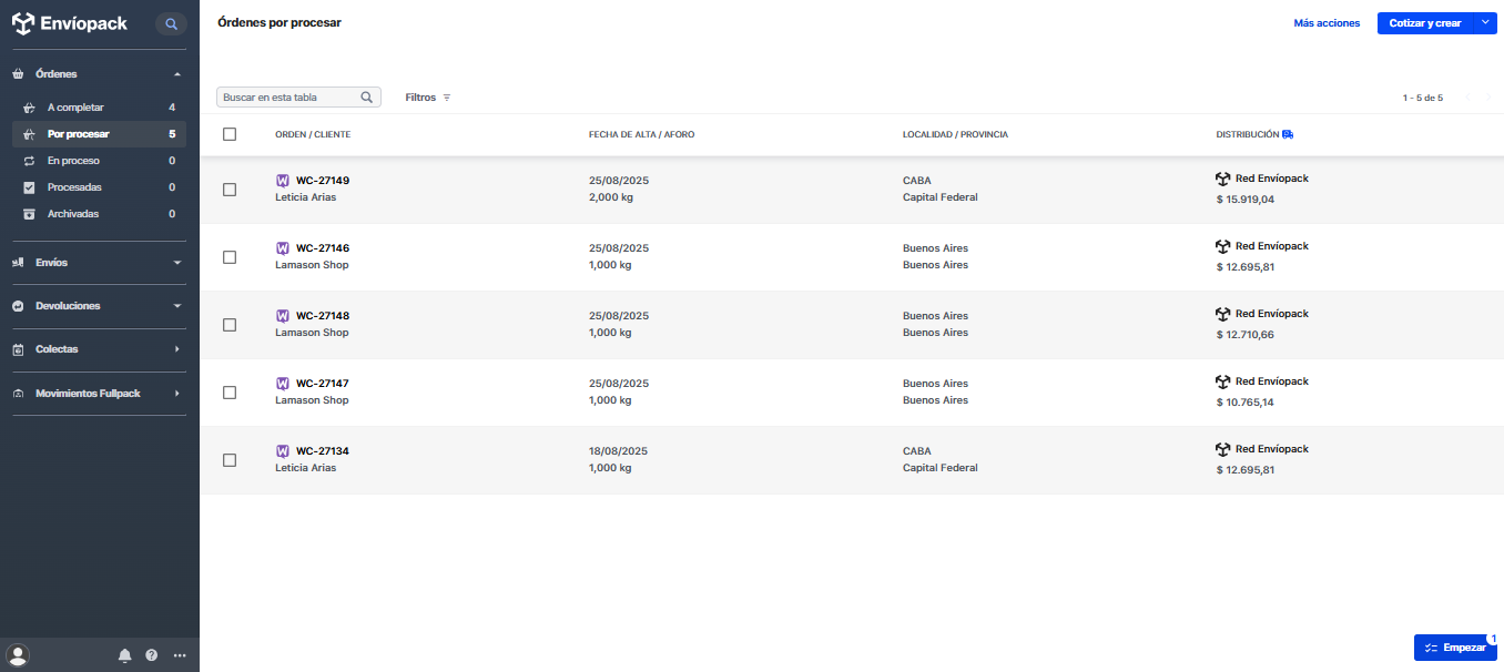 Ejemplo del cuadro de envio en el checkout al momento de elegir el destino utilizando Envíopack.