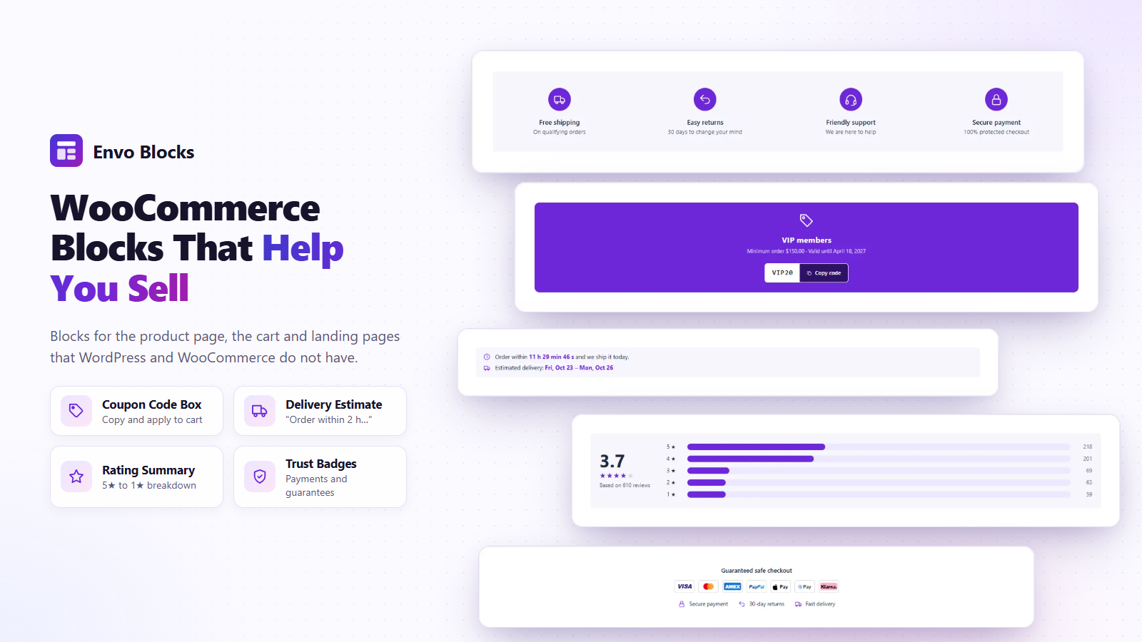 WooCommerce blocks that help you sell: coupon box, delivery estimate, rating summary, trust badges.