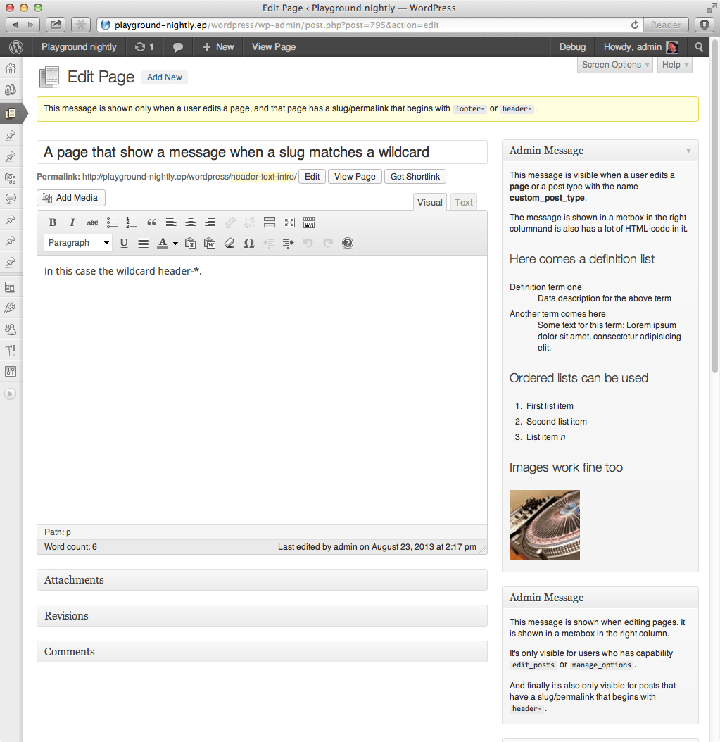 Three messages being shown on the edit post screen. Notice that you can add HTML to your messages and add headlines, links, images, and so on.