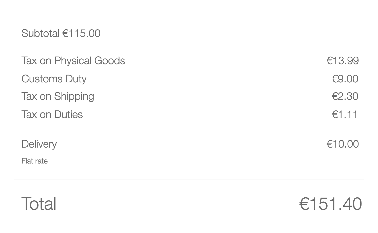 Cross-border VAT, customs duty and landed-cost breakdown shown at WooCommerce checkout
