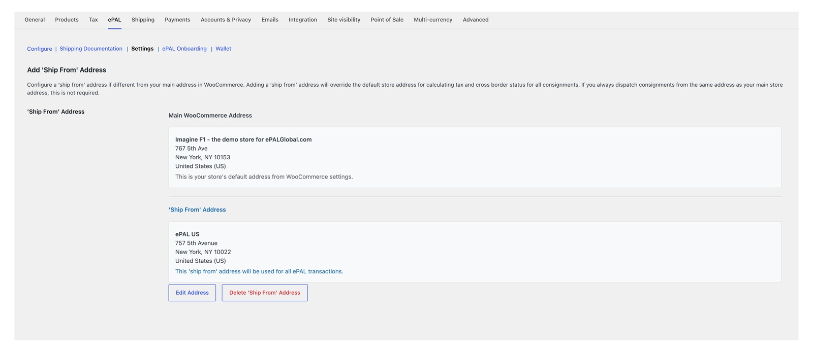 ePAL Cross Border Calculator settings panel