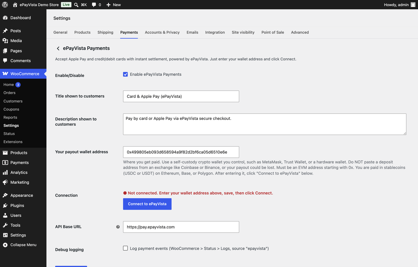 One-step setup — enter your wallet address and click Connect.