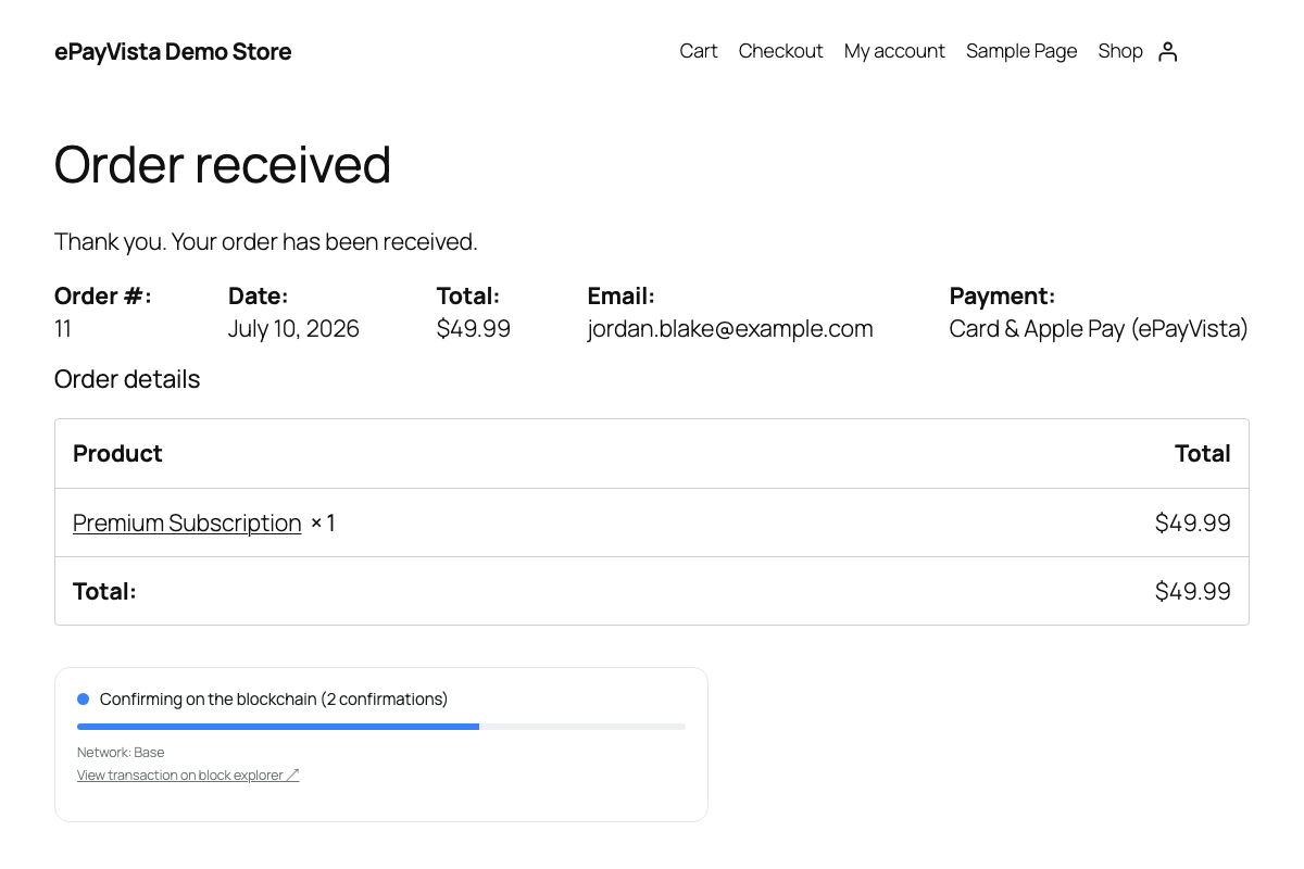 Live payment tracking on the customer's order-received page.