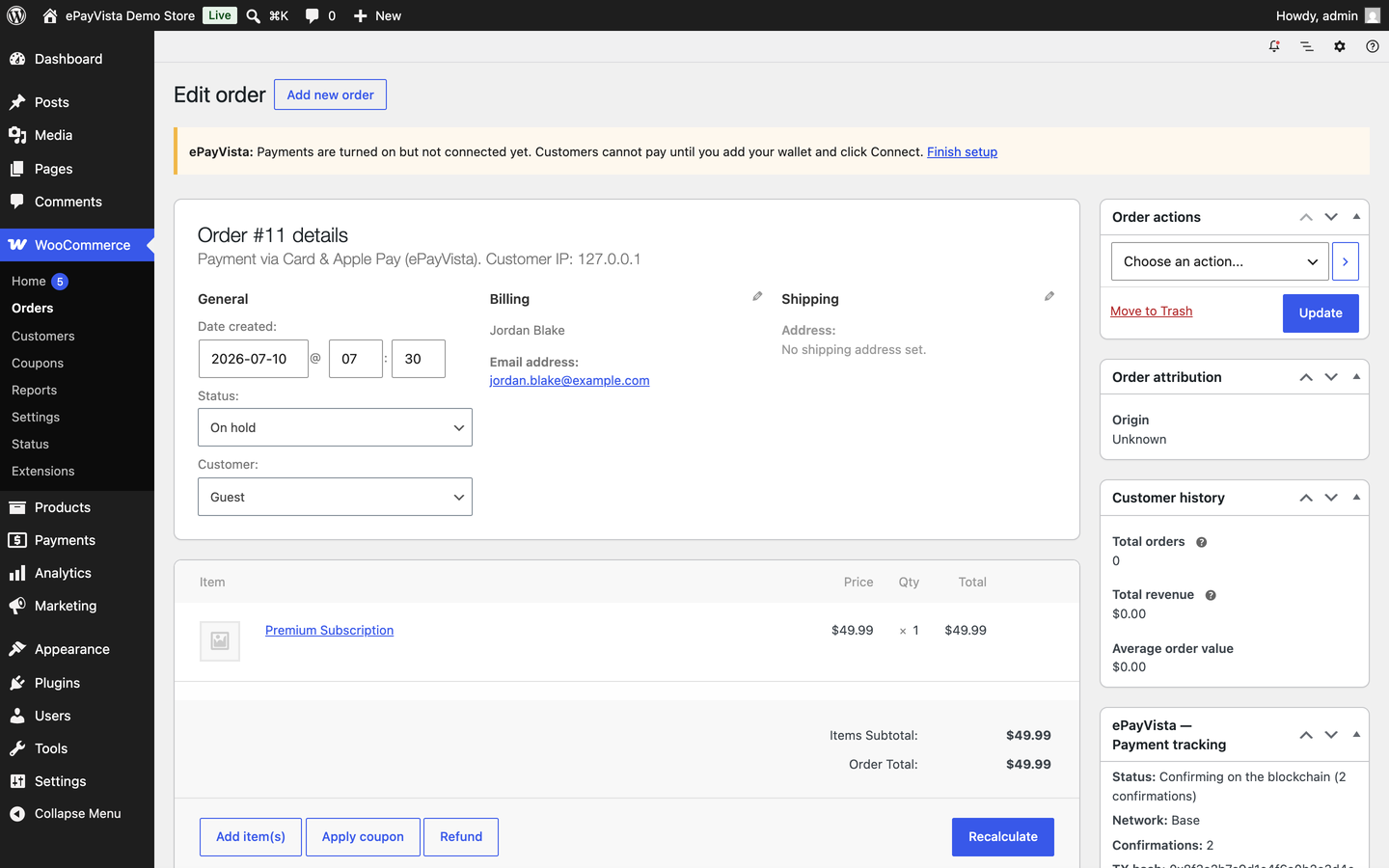 The Payment tracking panel on the WooCommerce order screen, with a block-explorer link.
