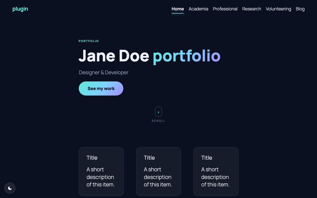 The front end with the dark/light toggle, hero and reading-progress bar.