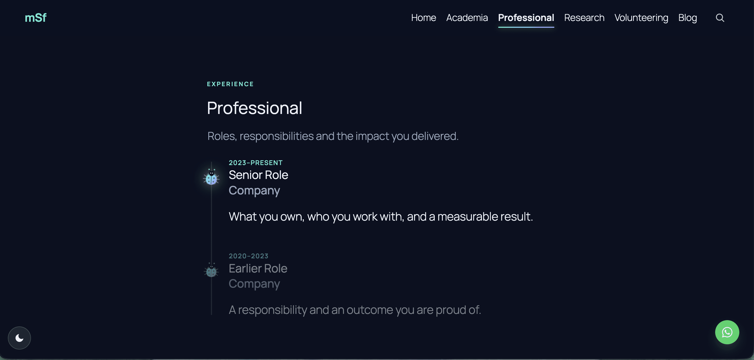 The Professional page: a scroll-driven timeline with playful ladybug markers, the sticky menu's current-page underline, and the floating WhatsApp chat button.