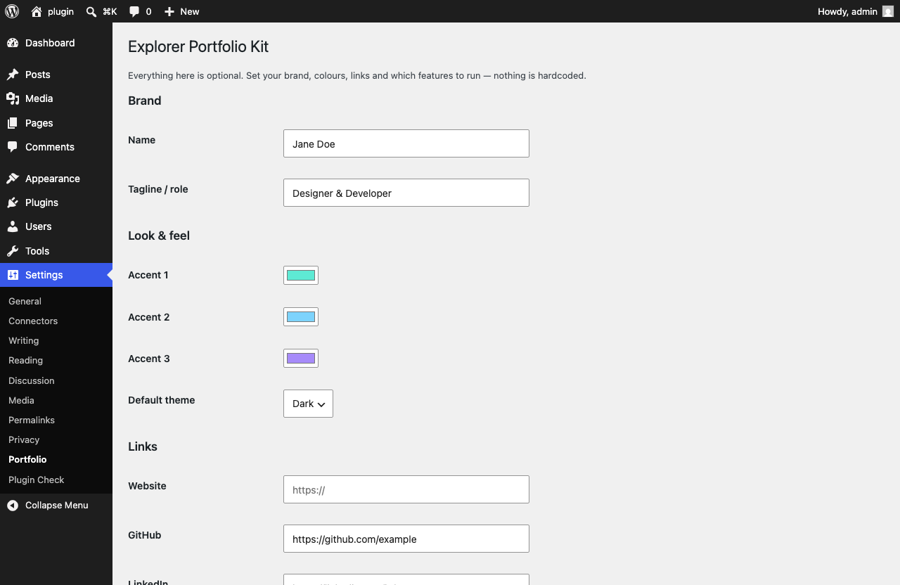 Settings → Portfolio, including one-click Starter pages and GA4.