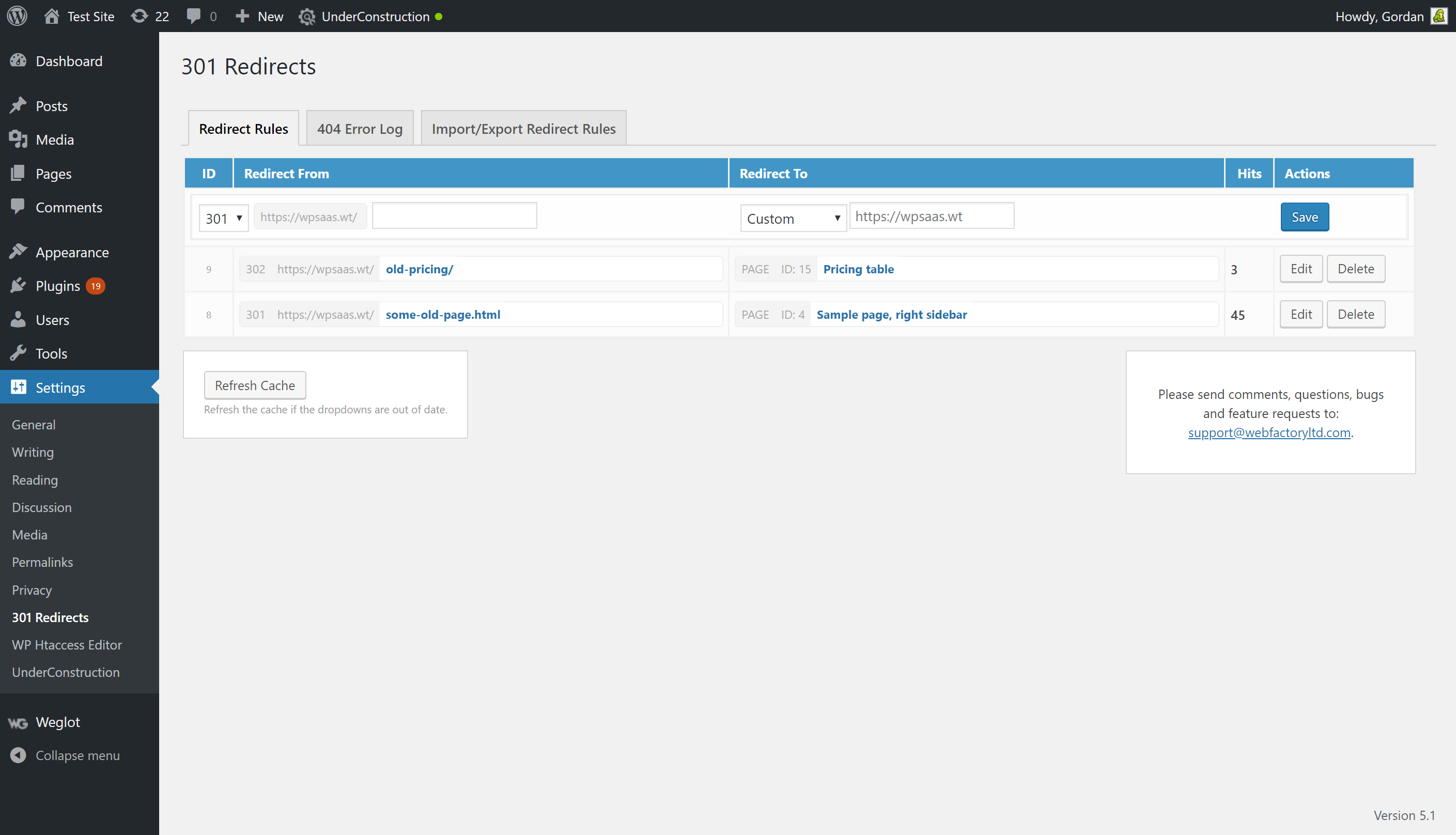 301 Redirects admin area