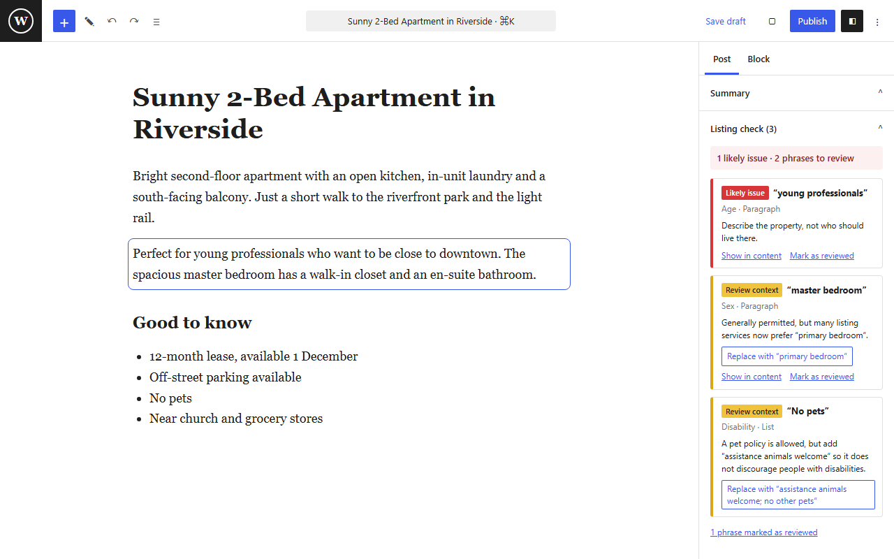 The Listing check panel: one-click replacements, “Mark as reviewed” and the list of reviewed phrases.